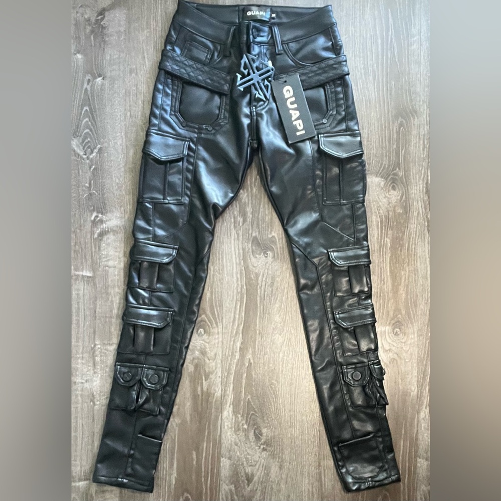 GUAPI Premium Faux Leather Black Cargo Pants for Men 30